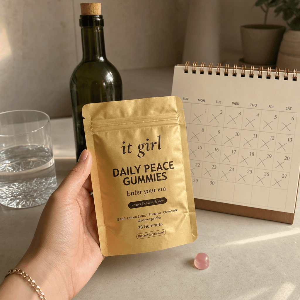 The palm-sized gold It Girl Daily Peace pouch and a month calendar beside one plain bottle of wine, a whole month of calm for less than one bottle