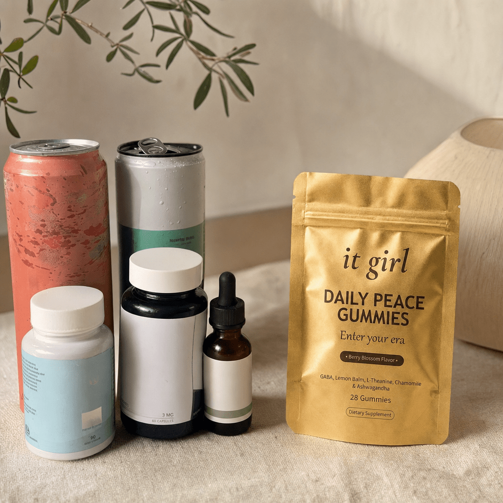 A warm still-life comparison, the abandoned wine swaps and calm-aisle bottles of magnesium melatonin and CBD grouped and faded on the left, the real gold Daily Peace pouch in warm focus on the right as the one that reaches both layers