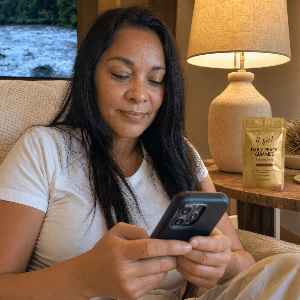 A calm woman in her late fifties on her couch on an ordinary Tuesday evening, phone in hand writing a note by warm lamplight, a documentary glowing softly, the gold Daily Peace pouch on the side table, the reach finally quiet