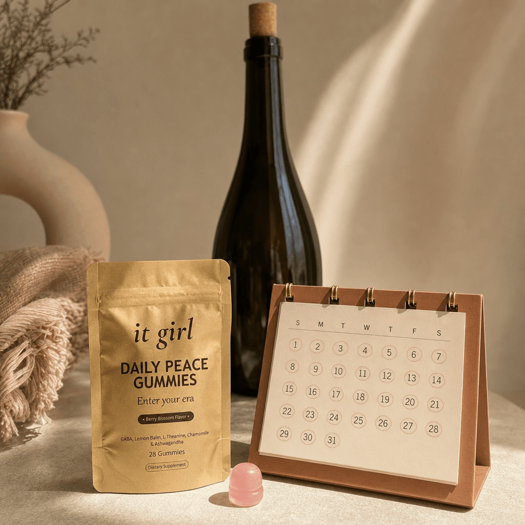 The palm-sized It Girl Daily Peace pouch beside a month calendar and one plain unbranded bottle of wine, a whole month of calm shown to cost less than a single bottle