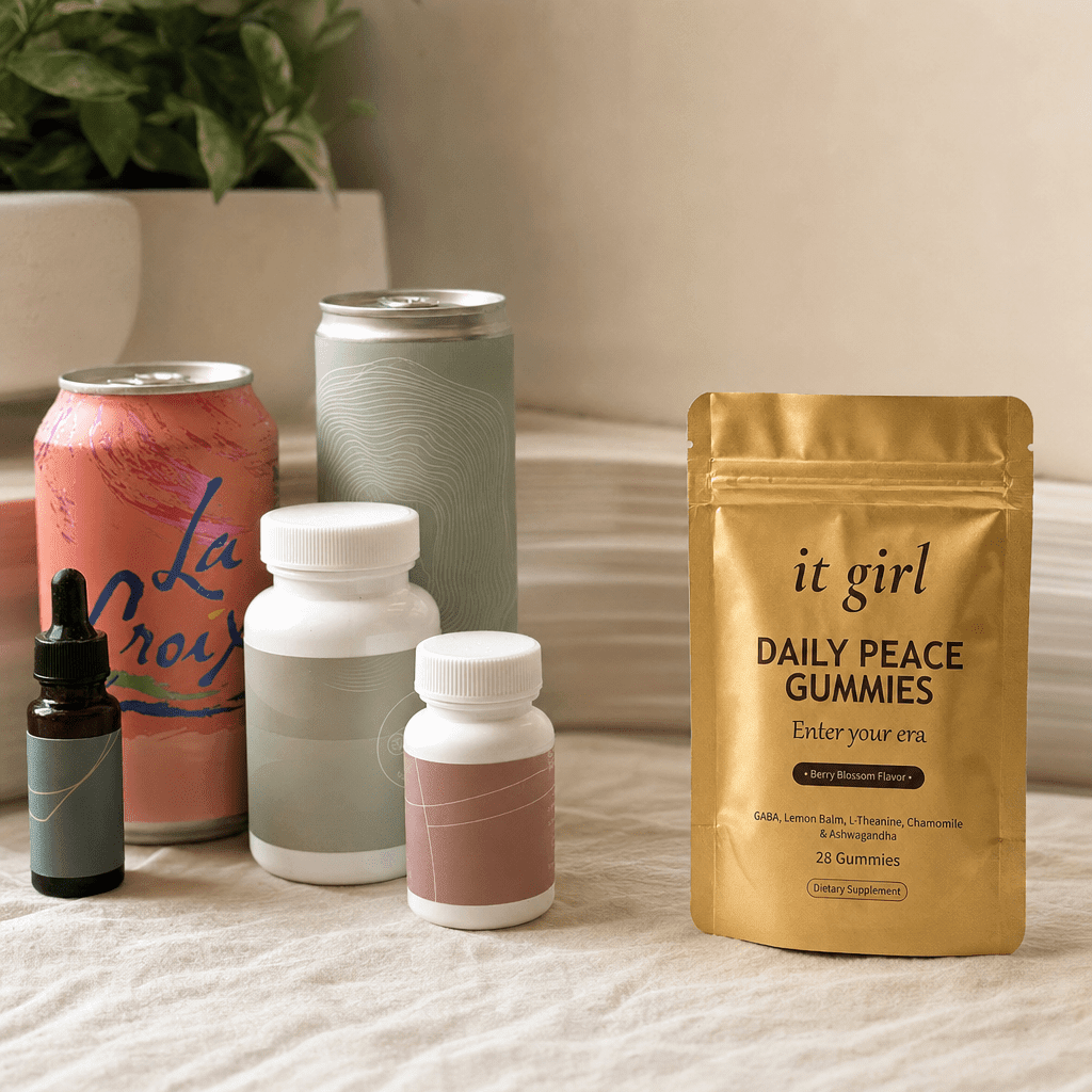 A warm still-life comparison, the abandoned wine swaps and calm-aisle bottles of magnesium melatonin and CBD grouped and faded on the left, the real gold Daily Peace pouch in warm focus on the right as the one that reaches both layers