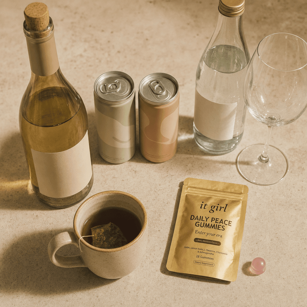 Warm overhead flat-lay of the abandoned swaps a woman tried instead of wine, corked alcohol-free wine, adaptogen cans, sparkling water and a cold mug of tea all unused, with the real It Girl Daily Peace pouch set apart as the one that delivers the GABA signal
