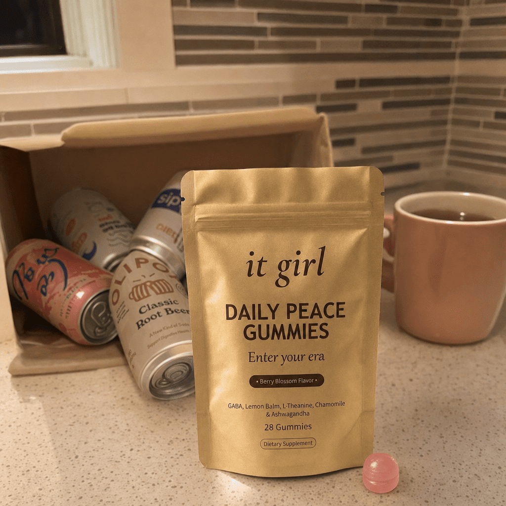The real matte gold It Girl Daily Peace pouch forward in warm focus on a counter, the abandoned wine swaps, a coral LaCroix can and an adaptogen drink and a mug of cold tea, pushed aside behind it