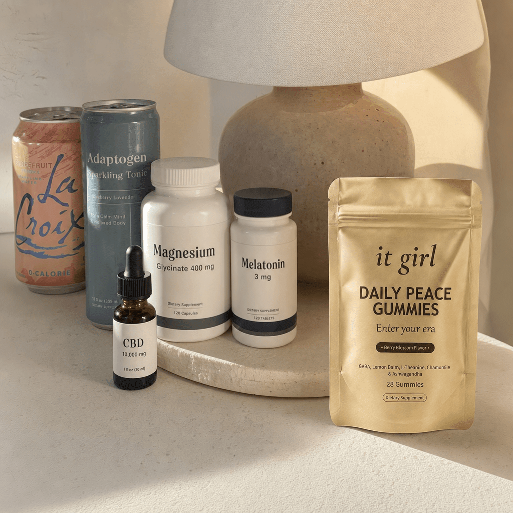 A warm still-life comparison, the abandoned wine swaps and calm-aisle bottles of magnesium melatonin and CBD grouped and faded on the left, the real gold Daily Peace pouch in warm focus on the right as the one that reaches both layers