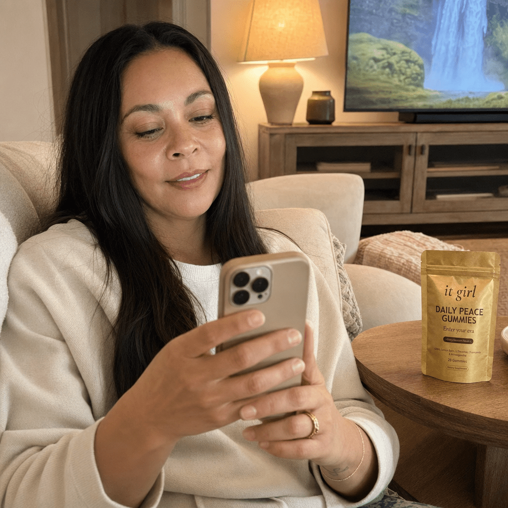 A calm woman in her late fifties on her couch on an ordinary Tuesday evening, phone in hand writing a note by warm lamplight, a documentary glowing softly, the gold Daily Peace pouch on the side table, the reach finally quiet