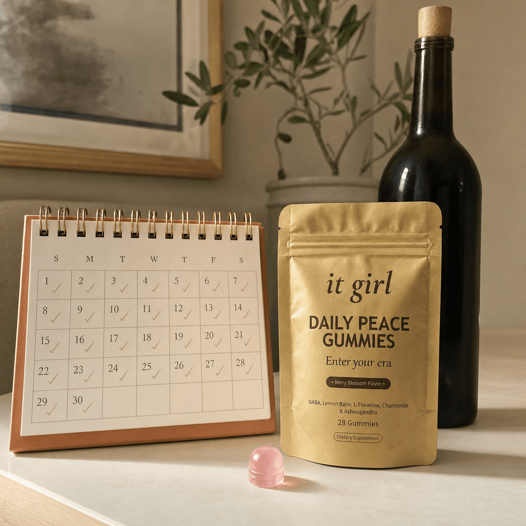 The palm-sized It Girl Daily Peace pouch beside a month calendar and one plain unbranded bottle of wine, a whole month of calm shown to cost less than a single bottle