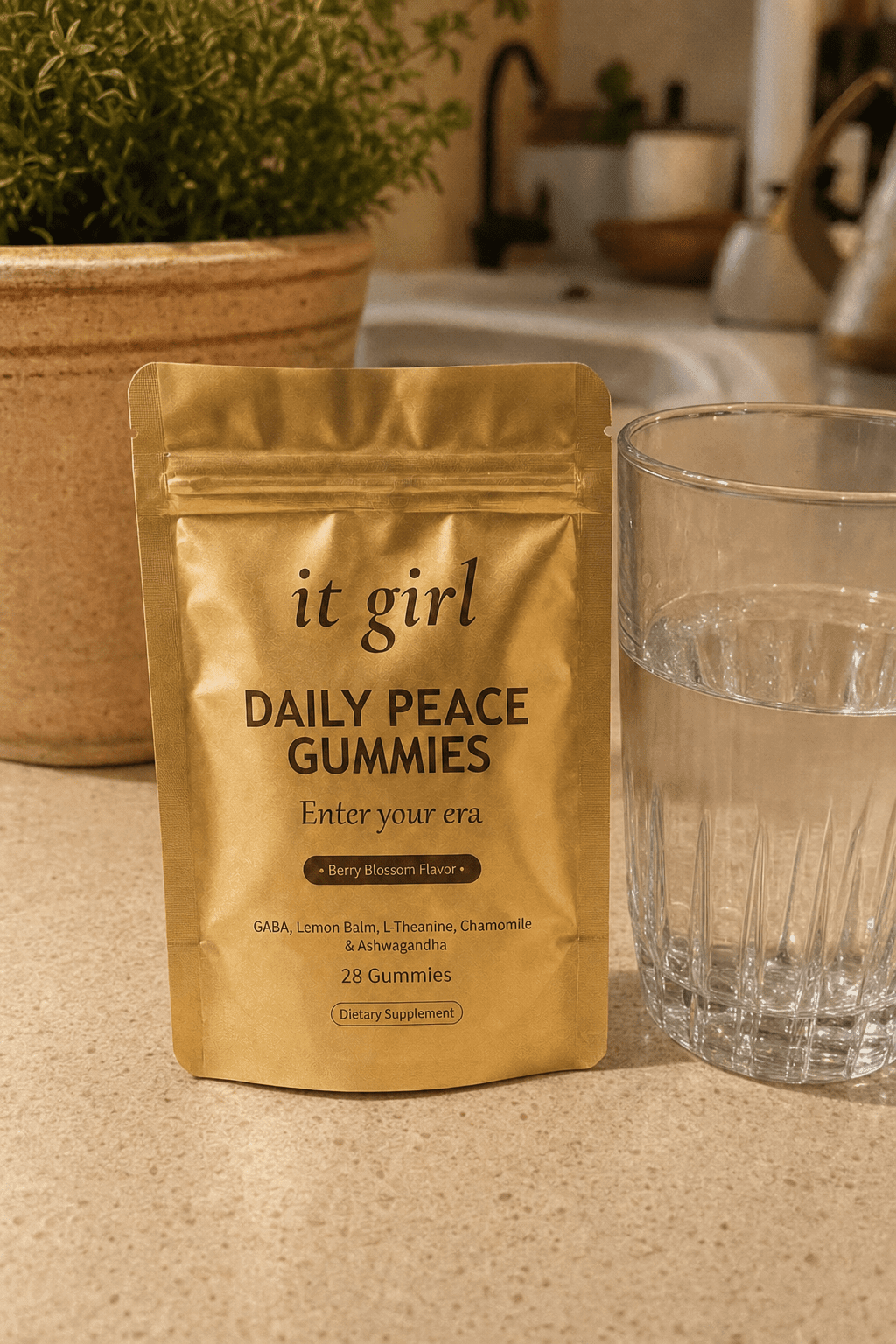 The real matte soft-gold It Girl Daily Peace pouch on a warm cream kitchen counter in soft evening light beside a single glass of water, at the six o'clock hour the wine glass used to appear, the calm signal handed back without the drink