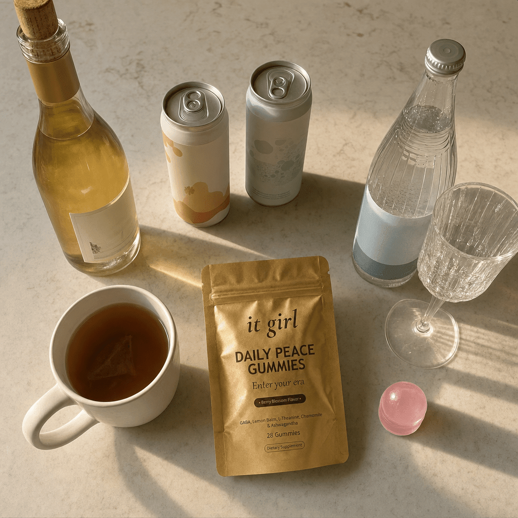 Warm overhead flat-lay of the abandoned swaps a woman tried instead of wine, corked alcohol-free wine, adaptogen cans, sparkling water and a cold mug of tea all unused, with the real It Girl Daily Peace pouch set apart as the one that delivers the GABA signal