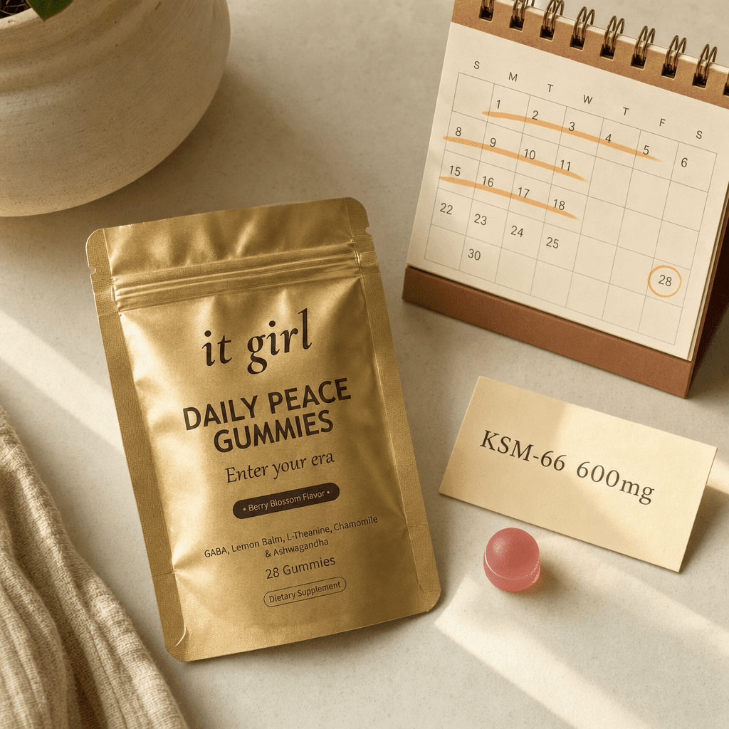 The real It Girl Daily Peace pouch beside a KSM-66 600mg dose card and a small month calendar, warm cream palette, the cortisol layer easing over four weeks