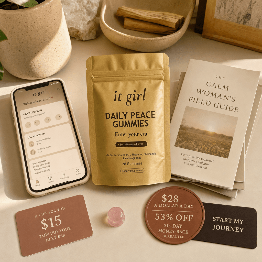 Daily Peace bundle on cream, the gold pouch, the It Girl app on a phone, a fifteen dollar gift card, the Calm Woman's Field Guide booklet and a warm-clay price and guarantee badge, no wine