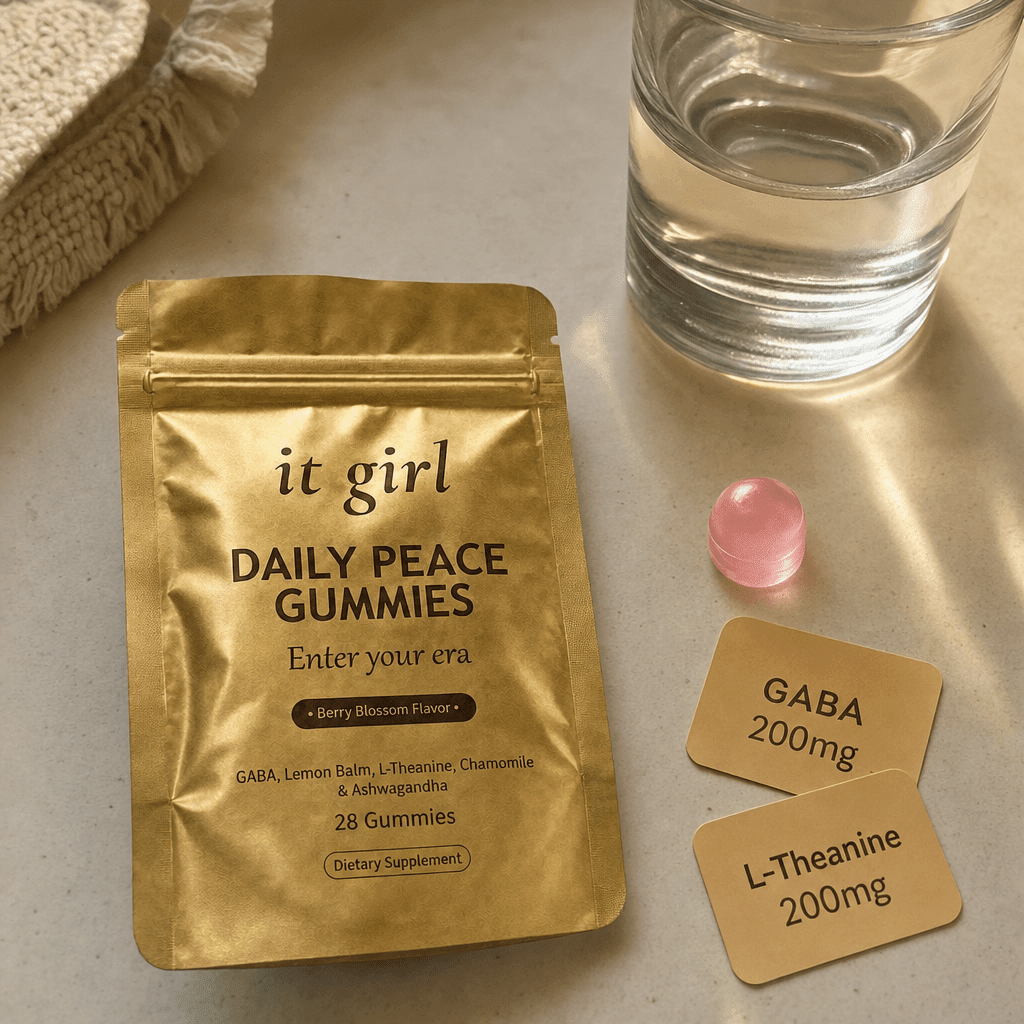 The real It Girl Daily Peace pouch laid open with one pink gummy beside it and two warm dose cards reading GABA 200mg and L-Theanine 200mg on a cream surface in soft evening light