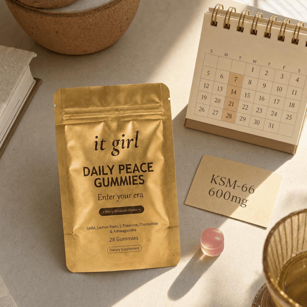The real It Girl Daily Peace pouch beside a KSM-66 600mg dose card and a small month calendar, warm cream palette, the cortisol layer easing over four weeks