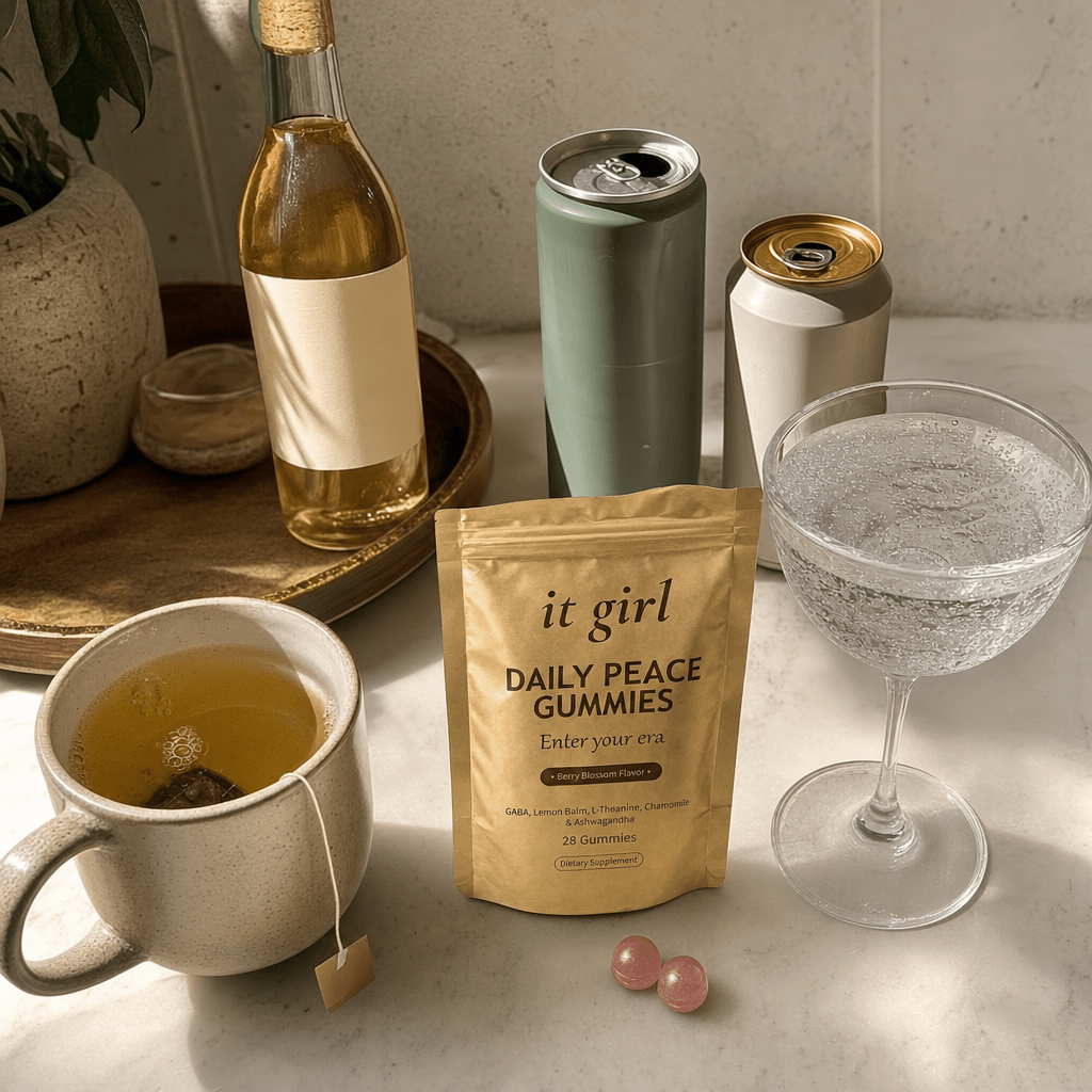 Flat-lay of the untouched swaps, a corked alcohol-free wine bottle, two adaptogen drink cans, a sparkling water and a cold mug of tea, set apart from the real gold It Girl Daily Peace pouch that actually works