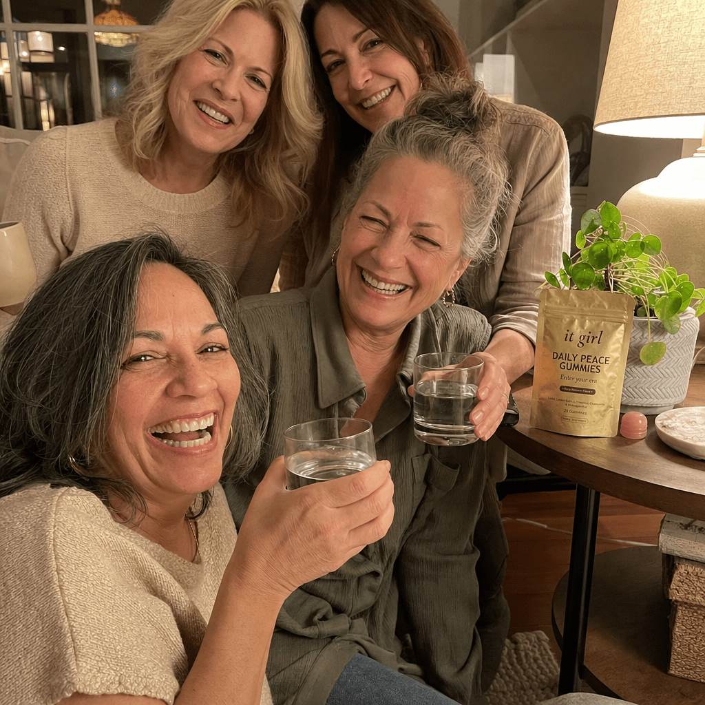Warm candid group of real women aged fifty to sixty-five laughing together in a sunlit living room with tea and water, a gold It Girl Daily Peace pouch resting nearby, the women who stopped reaching