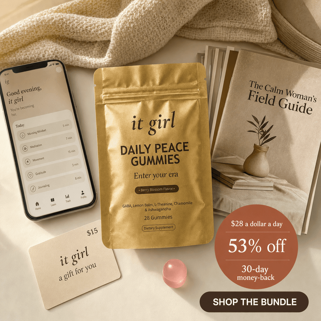 Daily Peace bundle on cream, the gold pouch, the It Girl app on a phone, a fifteen dollar gift card, the Calm Woman's Field Guide booklet and a warm-clay price and guarantee badge, no wine
