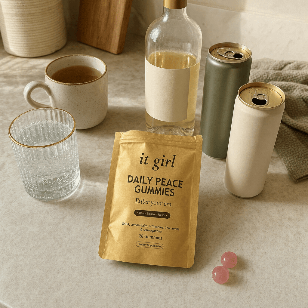 Flat-lay of the untouched swaps, a corked alcohol-free wine bottle, two adaptogen drink cans, a sparkling water and a cold mug of tea, set apart from the real gold It Girl Daily Peace pouch that actually works