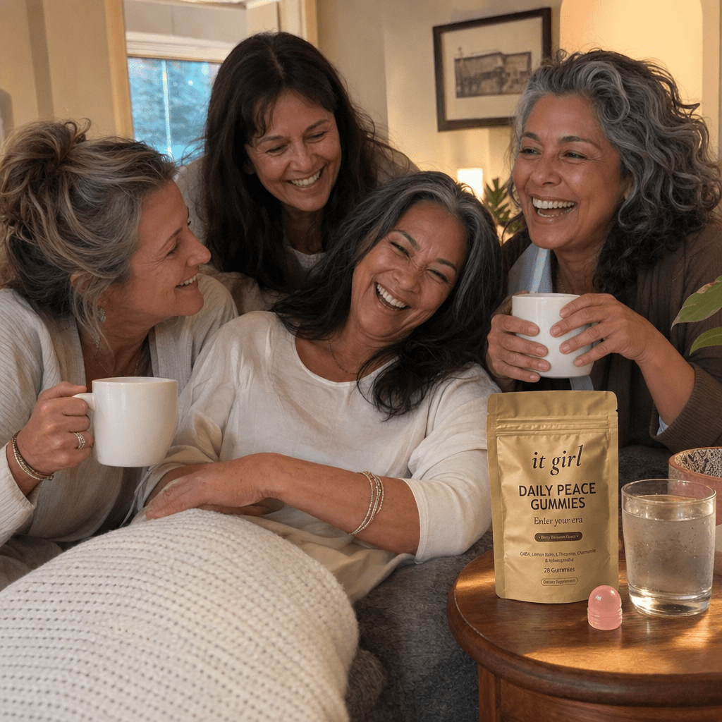 Warm candid group of real women aged fifty to sixty-five laughing together in a sunlit living room with tea and water, a gold It Girl Daily Peace pouch resting nearby, the women who stopped reaching