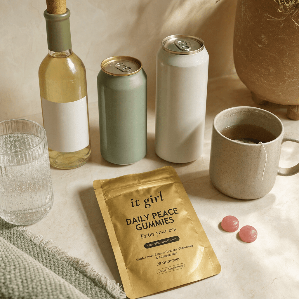 Flat-lay of the untouched swaps, a corked alcohol-free wine bottle, two adaptogen drink cans, a sparkling water and a cold mug of tea, set apart from the real gold It Girl Daily Peace pouch that actually works