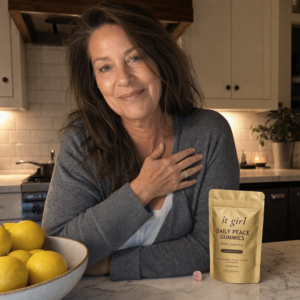 Real woman in her late fifties at ease in a warm-lit evening kitchen, calm and self-forgiving, the gold It Girl Daily Peace pouch resting on the counter, the reach finally understood and no risk in trying