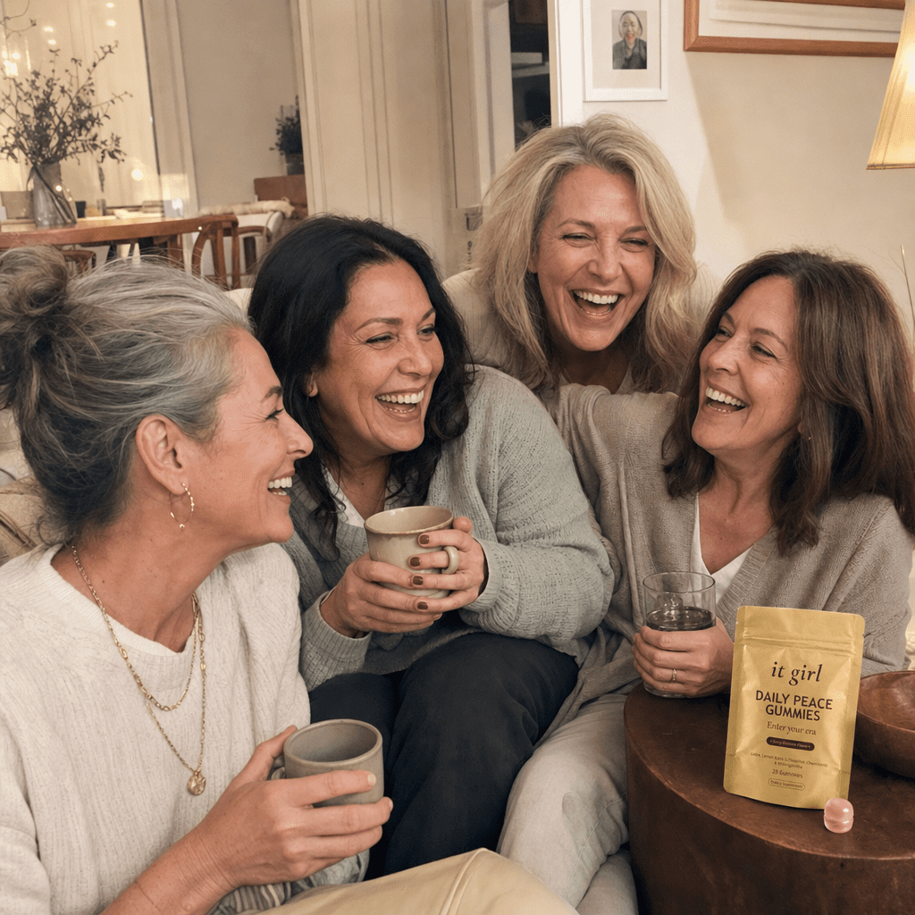 Warm candid group of real women aged fifty to sixty-five laughing together in a sunlit living room with tea and water, a gold It Girl Daily Peace pouch resting nearby, the women who stopped reaching