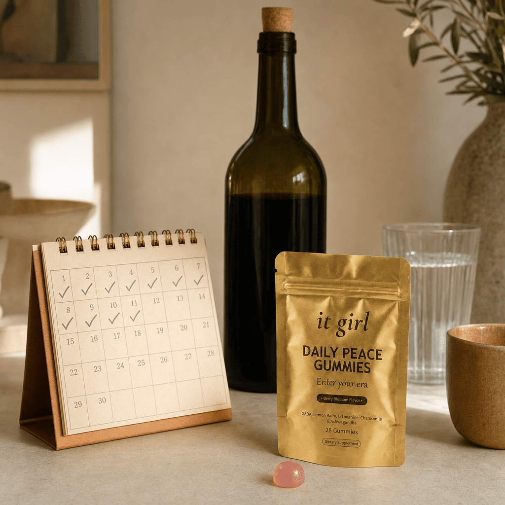 The palm-sized gold It Girl Daily Peace pouch and a month calendar beside one plain corked bottle of wine on cream, a whole month of calm for less than one bottle