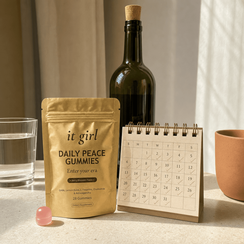 The palm-sized gold It Girl Daily Peace pouch and a month calendar beside one plain corked bottle of wine on cream, a whole month of calm for less than one bottle