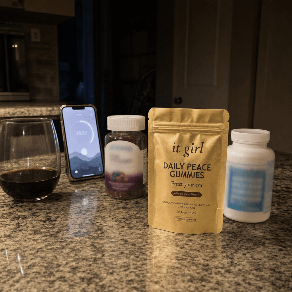 A kitchen counter of the failed swaps with logos blurred, a half-finished glass of wine, a meditation app glowing on a phone, a melatonin jar and a magnesium bottle, and the real gold It Girl Daily Peace pouch set upright apart as the one thing that finally worked