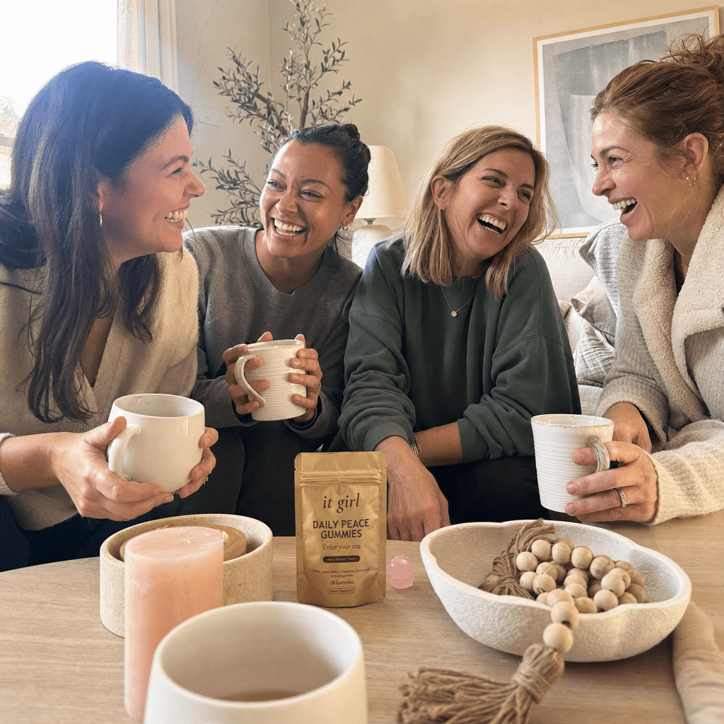 Candid group of everyday mothers in their thirties to fifties laughing together in a warm living room with the real gold It Girl Daily Peace pouch resting on the table nearby, the family-noticed proof