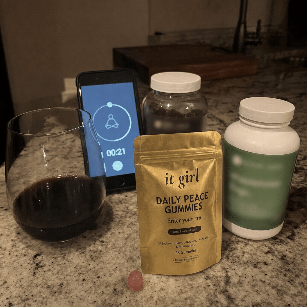 A kitchen counter of the failed swaps with logos blurred, a half-finished glass of wine, a meditation app glowing on a phone, a melatonin jar and a magnesium bottle, and the real gold It Girl Daily Peace pouch set upright apart as the one thing that finally worked