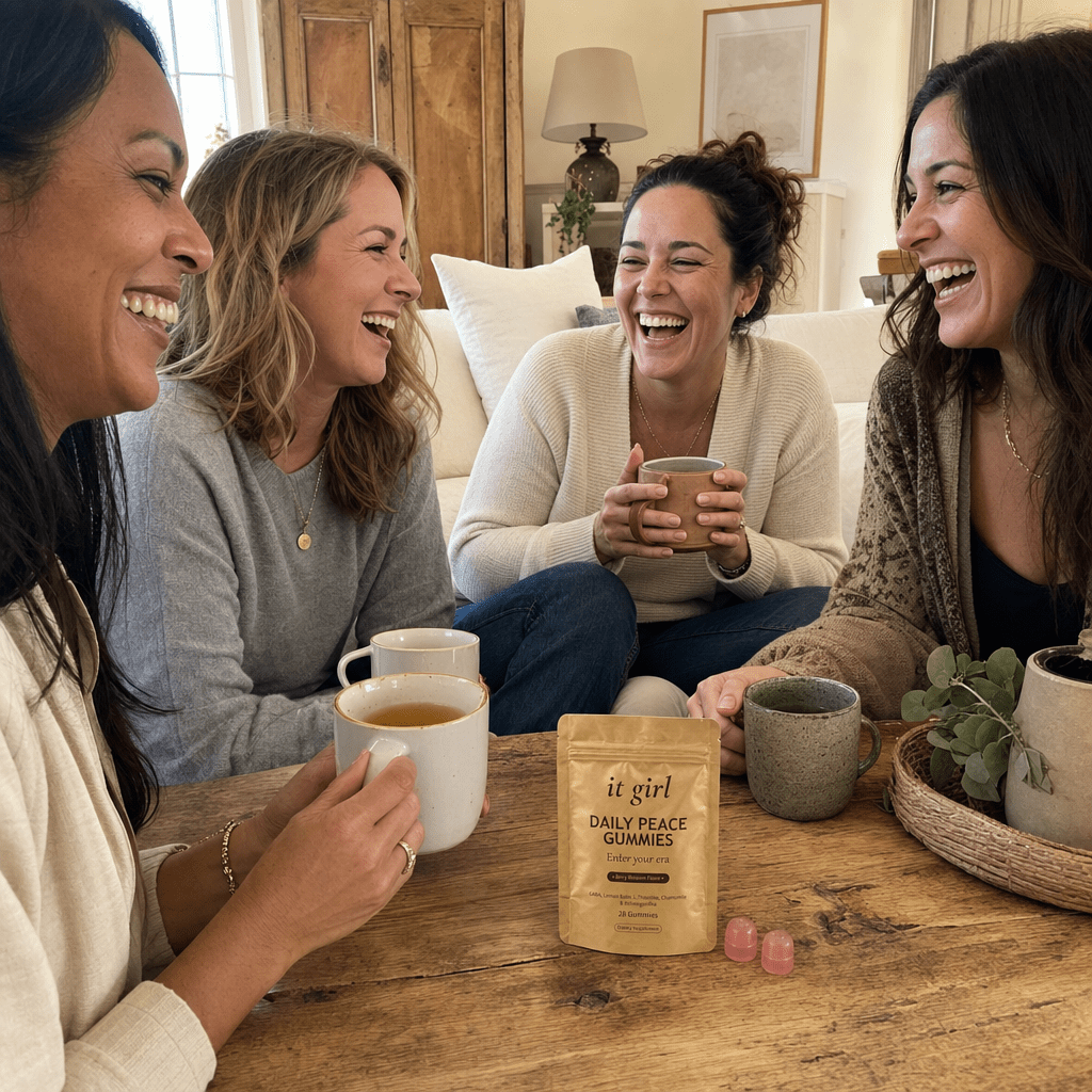 Candid group of everyday mothers in their thirties to fifties laughing together in a warm living room with the real gold It Girl Daily Peace pouch resting on the table nearby, the family-noticed proof