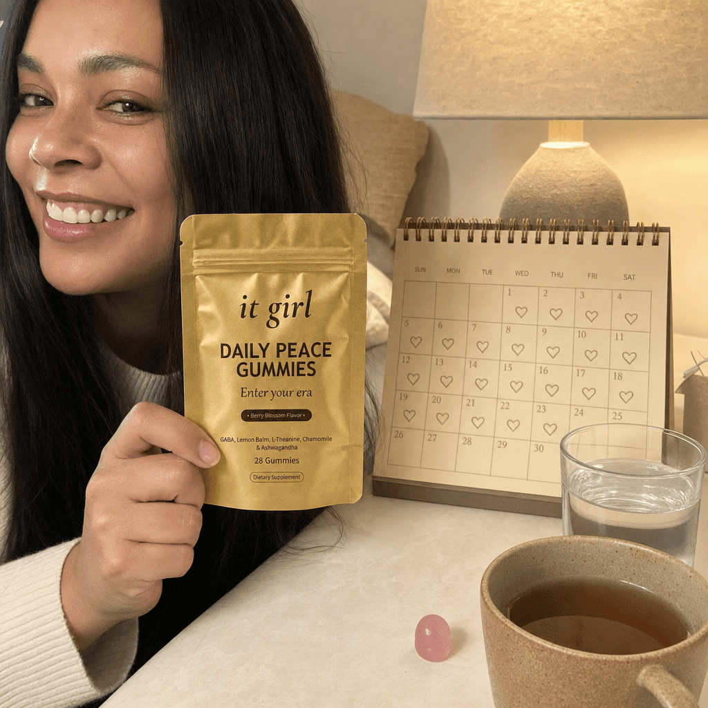 The palm-sized gold Daily Peace pouch beside a month calendar on a cream surface, a whole month of rest for about a dollar a day