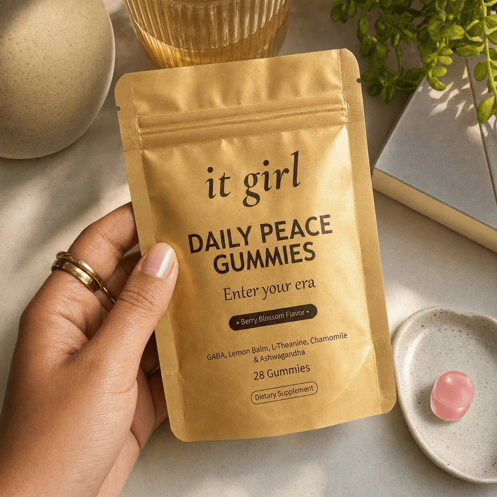 The real matte-gold It Girl Daily Peace pouch in warm daylight on a cream surface beside a single pink gummy, the thing that quiets the reach instead of numbing it