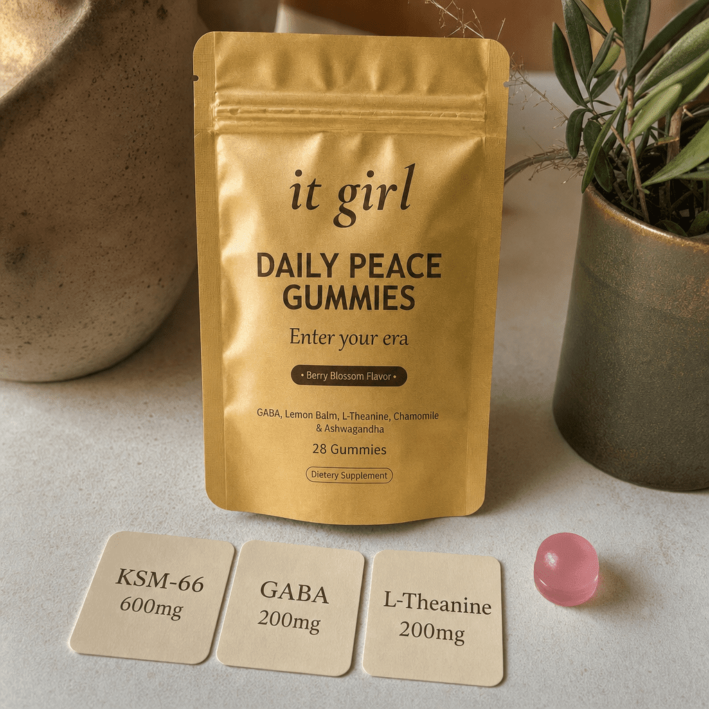 Three warm dose cards reading KSM-66 600mg, GABA 200mg, L-Theanine 200mg beside a single gummy and the gold Daily Peace pouch on a cream surface, two layers in one gummy