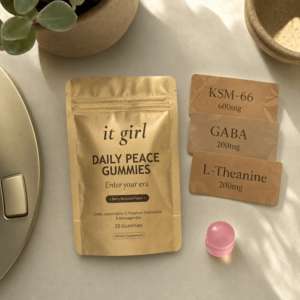 Three warm dose cards reading KSM-66 600mg, GABA 200mg, L-Theanine 200mg beside a single gummy on a cream surface, the studied dose
