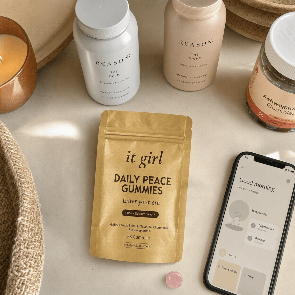Cream counter of the abandoned swaps the body names, a magnesium bottle, a melatonin bottle, a phone showing a meditation app, a generic ashwagandha gummy jar, the gold Daily Peace pouch chosen forward