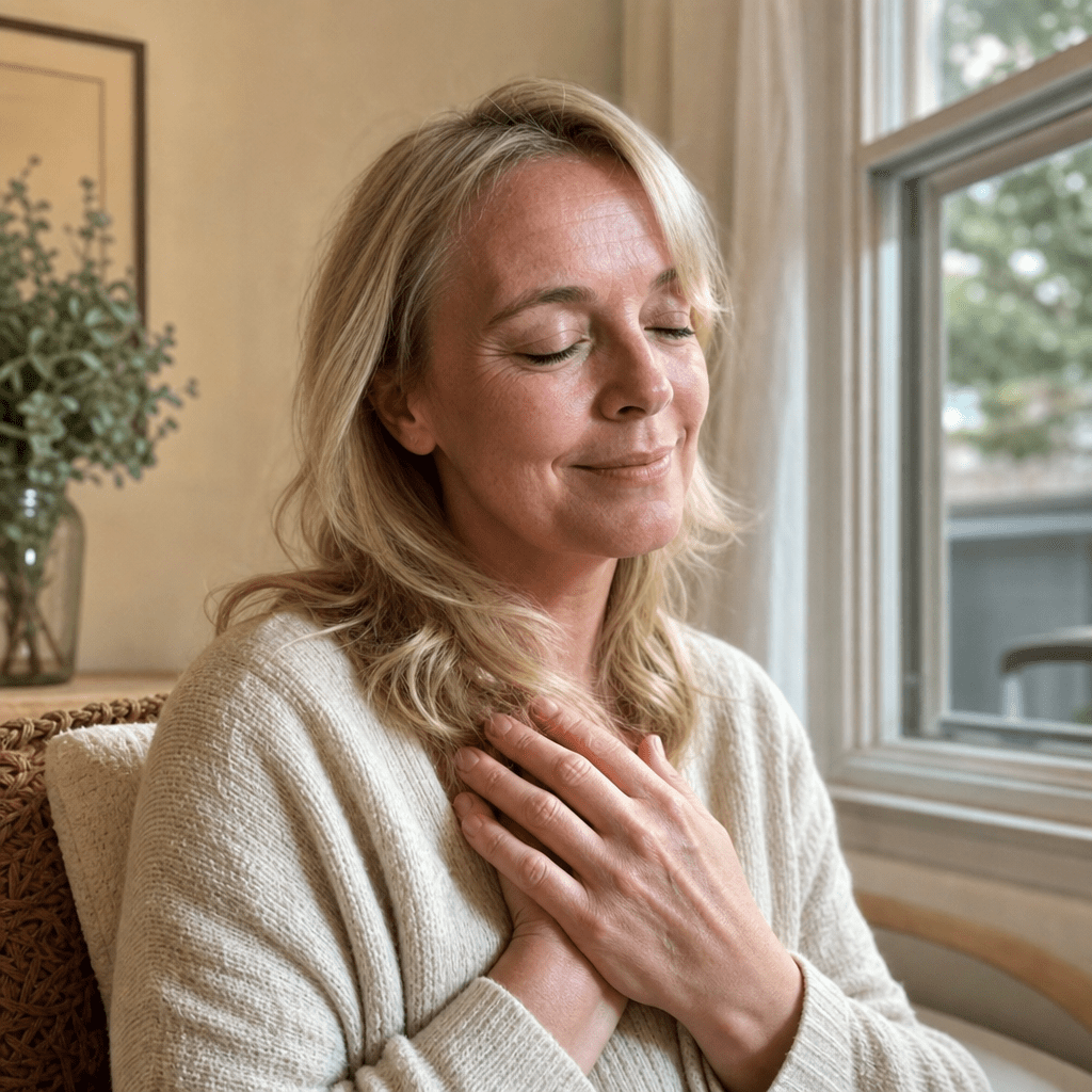 Woman in her fifties in a quiet moment of self-forgiveness, both hands resting over her own heart in soft warm morning light, the years of self-blame lifting, she stopped blaming herself