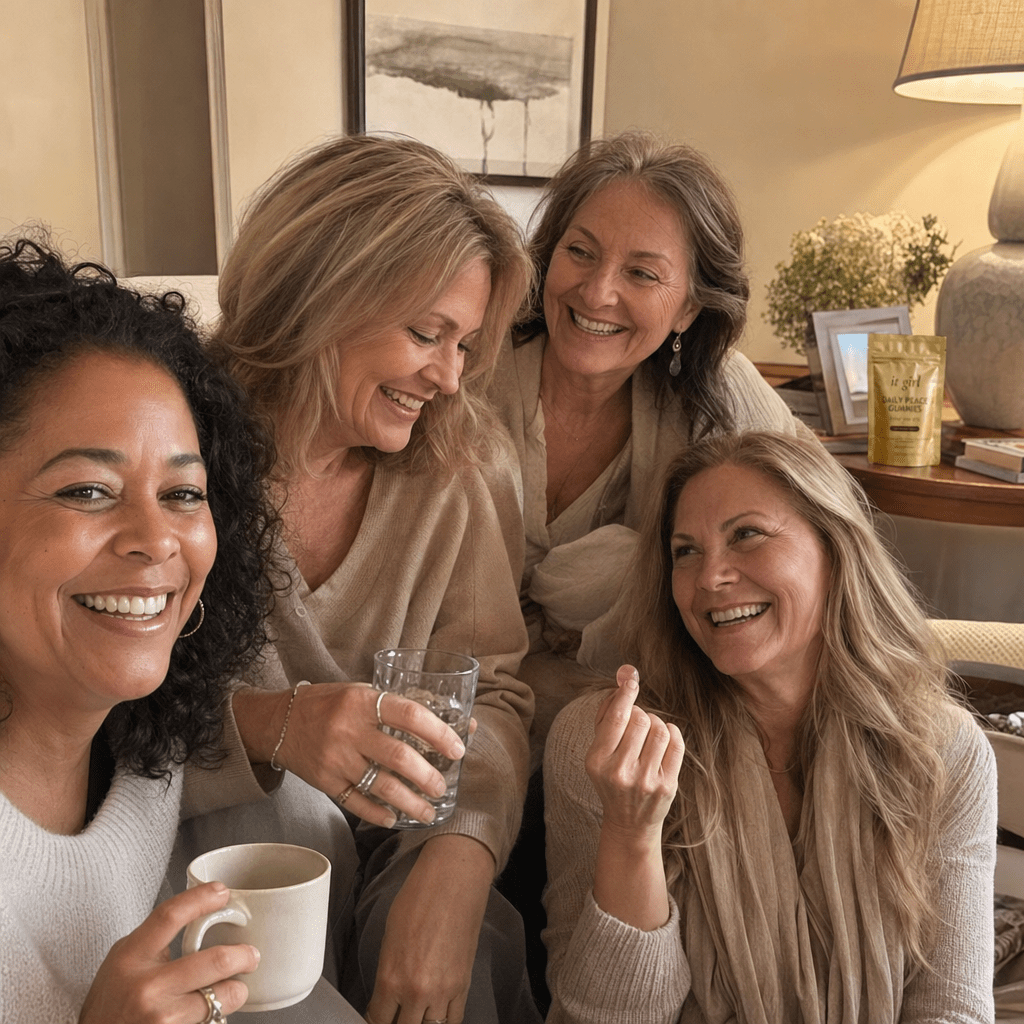 Relaxed group of women fifty to sixty-five with tea and water laughing in a warm living room, a gold Daily Peace pouch resting nearby, not the only one