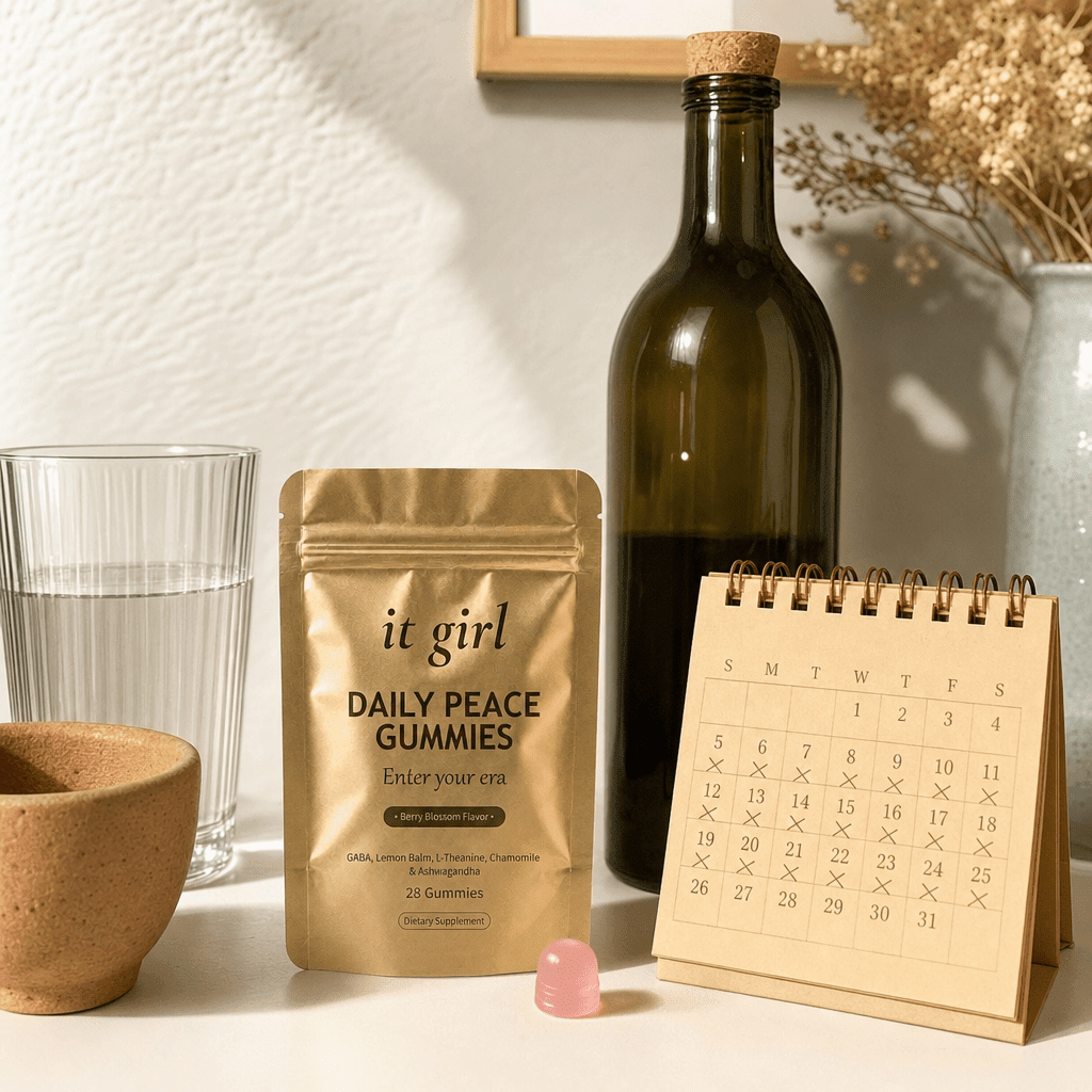 The palm-sized It Girl Daily Peace pouch and a month calendar beside a single bottle of wine, showing a whole month of calm costs less than one bottle.