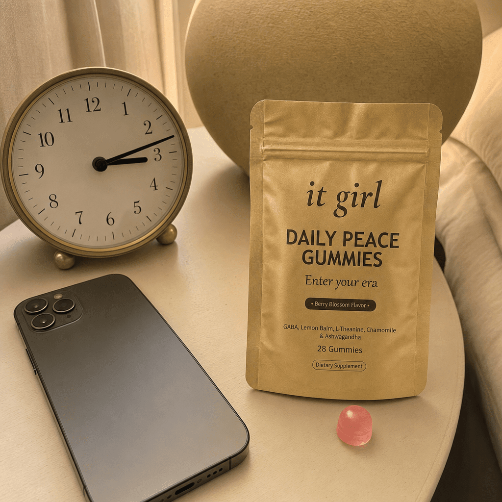 A 3am clock and a face-down phone on a nightstand beside the real It Girl Daily Peace pouch and a single gummy, the off-switch refilled.