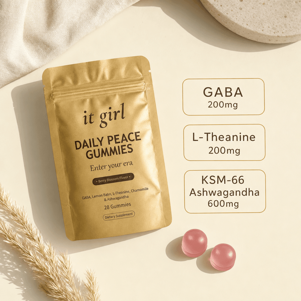 A dose card reading GABA 200mg, L-Theanine 200mg and KSM-66 Ashwagandha 600mg beside the real It Girl Daily Peace pouch and gummies.