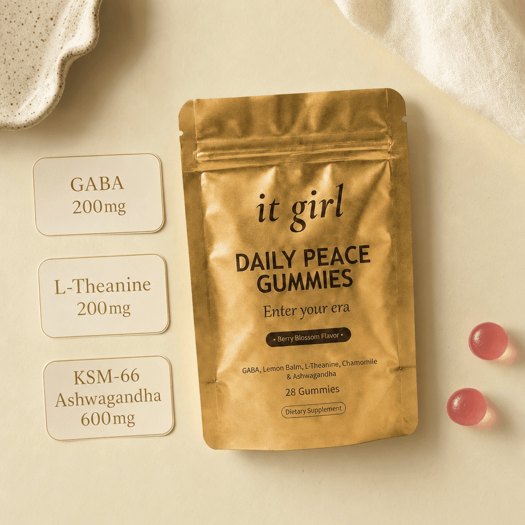 A dose card reading GABA 200mg, L-Theanine 200mg and KSM-66 Ashwagandha 600mg beside the real It Girl Daily Peace pouch and gummies.