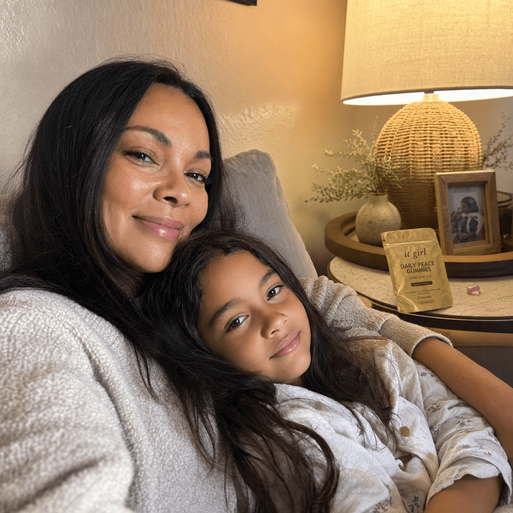 A rested woman in early-evening light with her young child leaning into her lap, the opened It Girl pouch resting nearby.