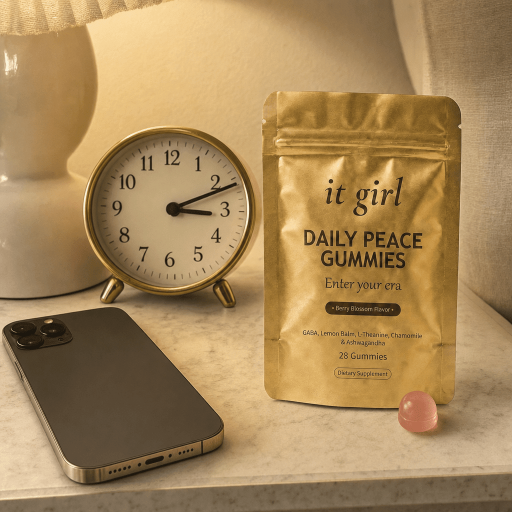 A 3am clock and a face-down phone on a nightstand beside the real It Girl Daily Peace pouch and a single gummy, the off-switch refilled.