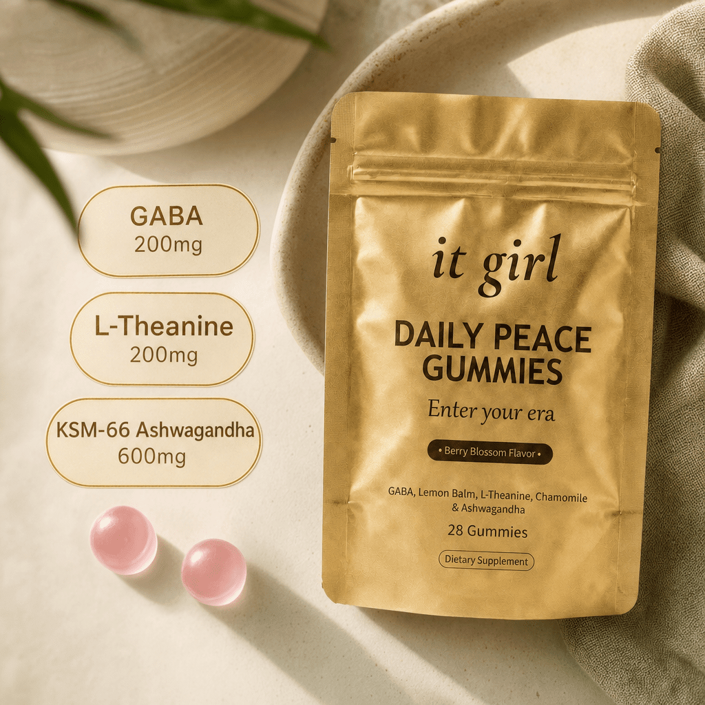 A dose card reading GABA 200mg, L-Theanine 200mg and KSM-66 Ashwagandha 600mg beside the real It Girl Daily Peace pouch and gummies.