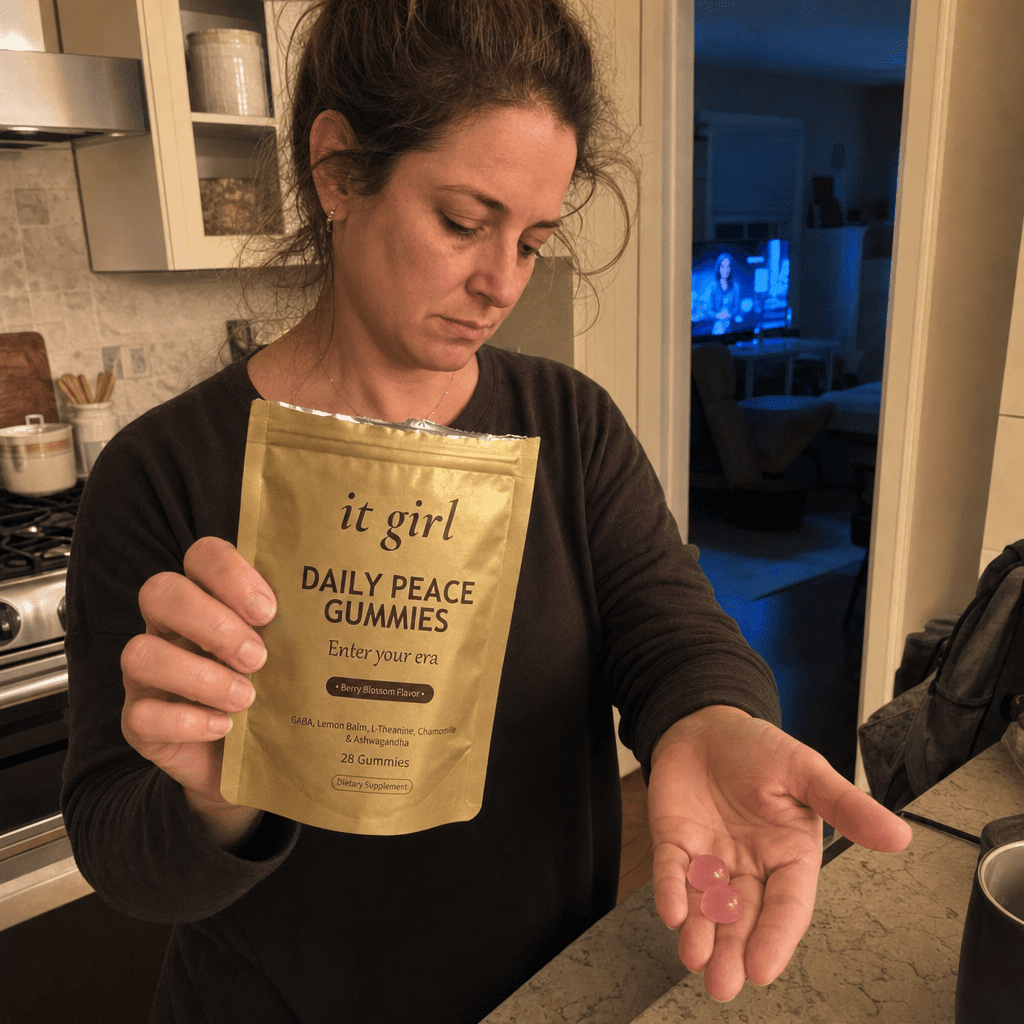 Her hand holding the real opened gold It Girl Daily Peace pouch turned to show the legible front label, two or three pink gummies in her palm, the studied doses named on the front