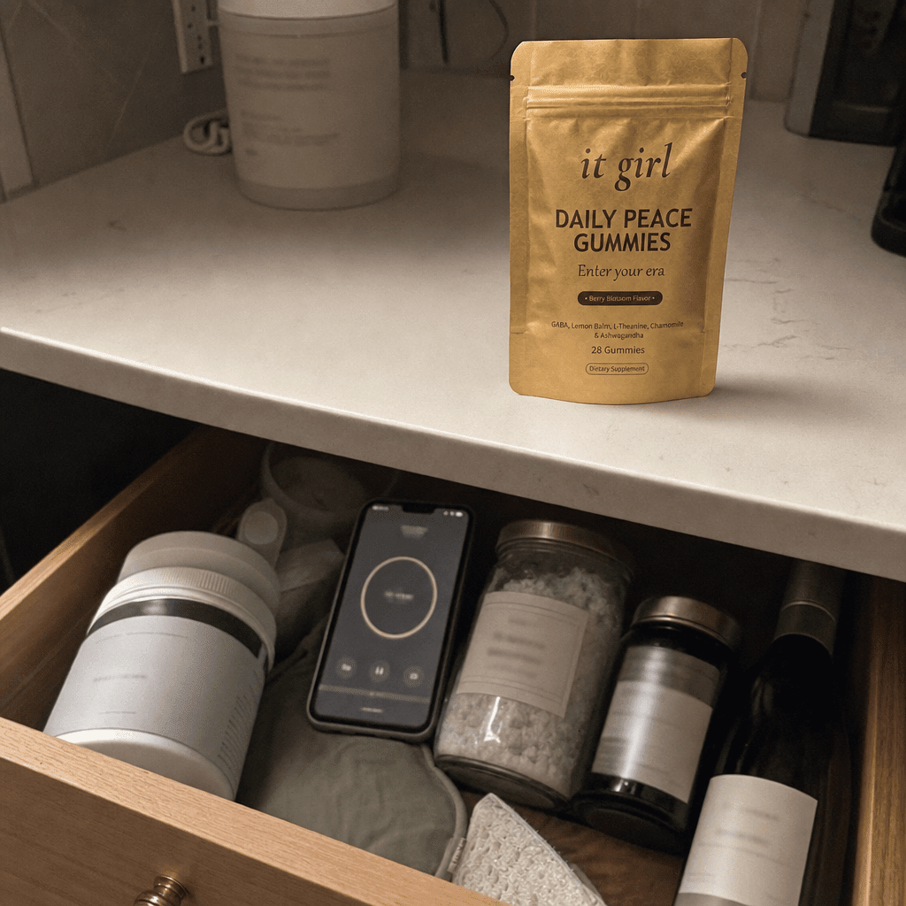 A relax-drawer graveyard, magnesium powder, a meditation app glowing on a phone, a bath soak and a sleep-supplement jar with labels blurred, and the real gold It Girl Daily Peace pouch sitting upright above the drawer as the one thing that finally worked