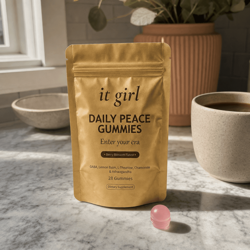 The real palm-sized gold It Girl Daily Peace pouch on a kitchen counter in calm warm morning light, a 28-day-supply one-for-every-night feel, no clutter