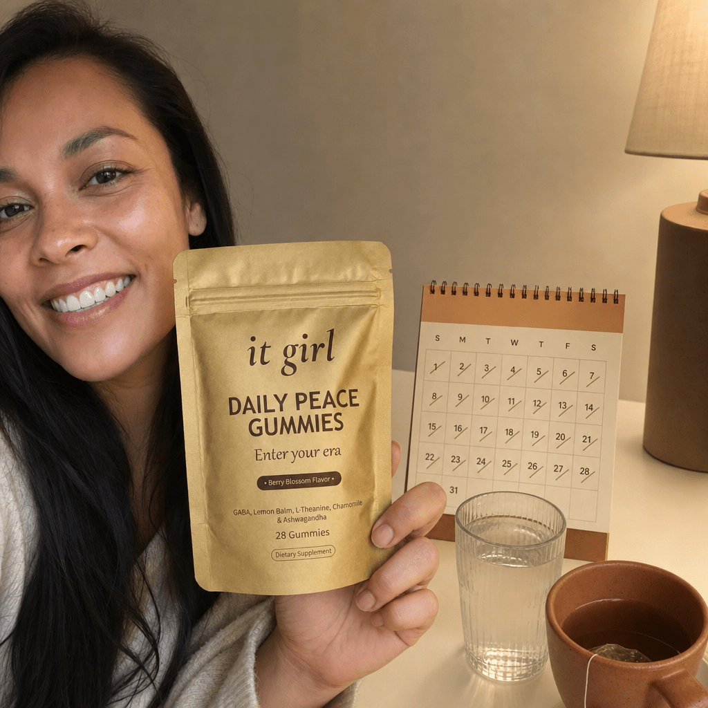 The palm-sized gold Daily Peace pouch beside a month calendar on a cream surface, a whole month of rest for about a dollar a day