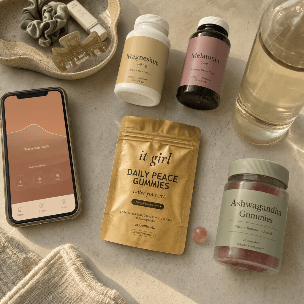 Cream counter of the calm-down swaps that never worked, a magnesium bottle, a melatonin bottle, a phone showing a meditation app, a generic ashwagandha jar, the gold Daily Peace pouch chosen forward