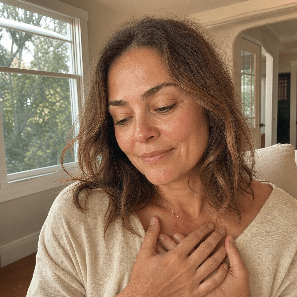 Mom about forty in a quiet moment of self-forgiveness, both hands resting over her own heart in soft warm morning light, the years of self-blame lifting